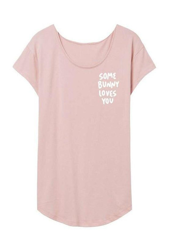 Light Pink Monogram Print Irregular Round Neck Short Sleeve Casual T-Shirt