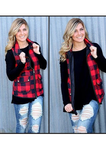 Red Plaid Zipper Pockets Turndown Collar Casual Cute Vest