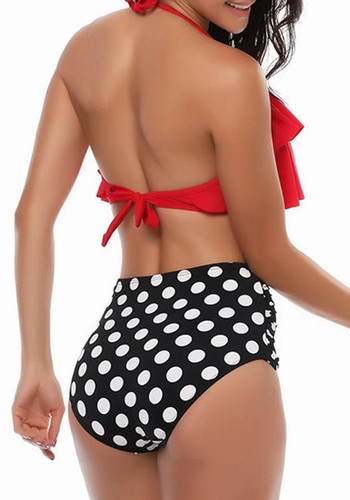Red Polka Dot Ruffle Halter Neck Backless Lace-up Two Piece Sweet Swimwear