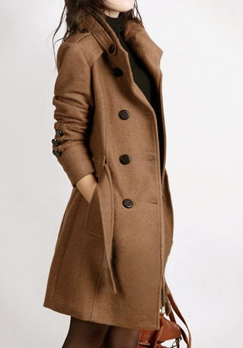 Khaki Sashes Pockets Buttons Turndown Collar Long Sleeve Coat