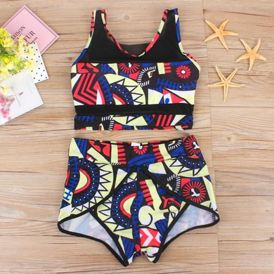 Blue Patchwork Grenadine Tribal Floral Print Two Piece High Waisted Vintage Swimwear