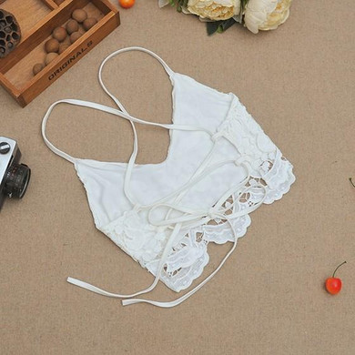 White Patchwork Lace Hollow-out Spaghetti Strap Crop Tie Back Vest