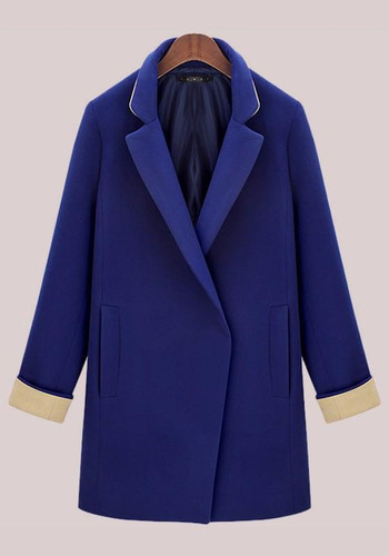 Blue Pockets Turndown Collar V-neck Long Sleeve Cardigan Coat