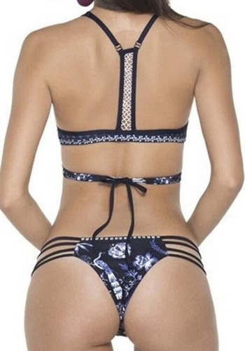 Navy Blue Floral Tie Back Cut Out 2-in-1 V-neck Swimwear