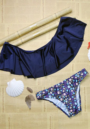 Blue Floral Bandeau Ruffle Off Shoulder Two Piece Backless Bikini Swimwear