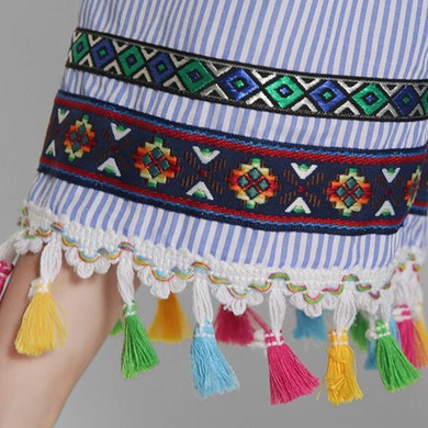 Blue Striped Tassel Embroidery Boat Neck Fashion Blouse