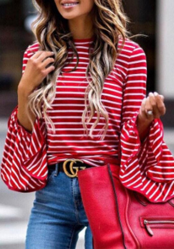 Red White Striped Round Neck Long Sleeve T-Shirt