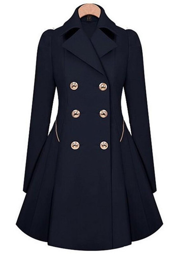 Navy Blue Plain Double Breasted Military Peplum Peacoat Trench Coat
