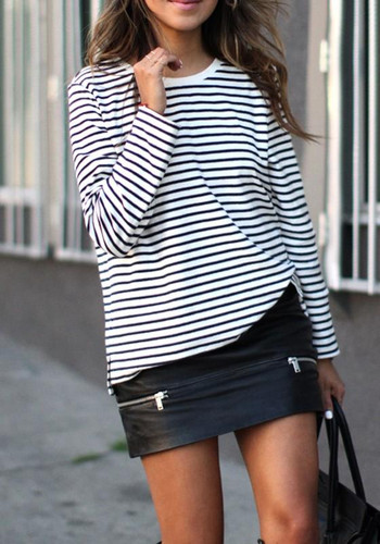 White-Black Striped Round Neck Long Sleeve Fashion T-Shirt
