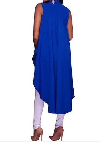 Blue Irregular Swallowtail Draped High-low Band Collar Oversize Casual T-Shirt