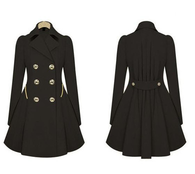 Black Pockets Peplum Tailored Collar Double Breasted Trench Pea Coat