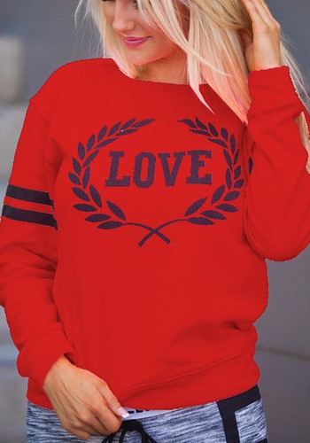 Red Letter Print Round Neck Long Sleeve Casual Pullover Sweatshirt