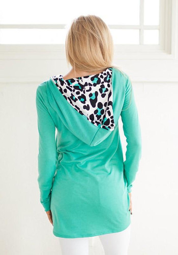 Green Leopard Print Hooded Long Sleeve Fashion Pullover Sweatshirt