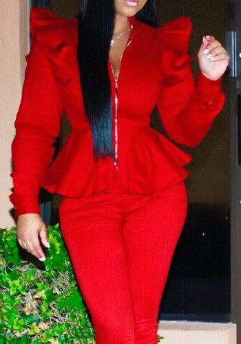 Red Ruffle Zipper Peplum Falbala Formal Elegant Cardigan Coat