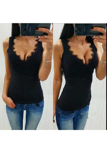 Black Patchwork Lace Plunging Neckline Fashion Cotton Vest Black Patchwork Lace Plunging Neckline Fashion Cotton Vest