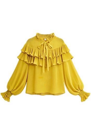 Yellow Ruffle Lace-up Plus Size Peter Pan Collar Long Sleeve Blouse