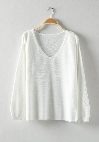 White Plain V-neck Long Sleeve Loose Fashion Pullover Sweater