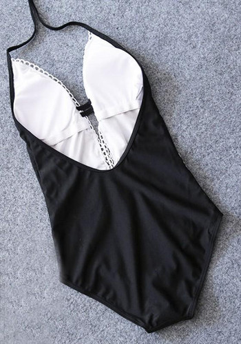 Black Patchwork Backless Lace Condole Belt Plunging Neckline Swimwear