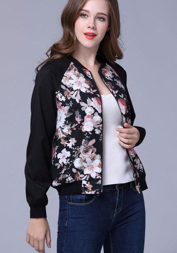Black Flowers Print Zipper Round Neck Long Sleeve Fashion Coat