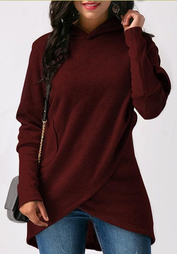Red Irregular Hooded Long Sleeve Pullover Sweatshirt
