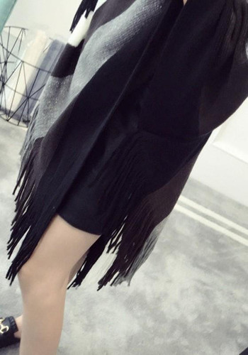 Black Striped Tassel Round Neck Pullover Cape