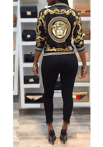 Black Contrast Binding Print Zipper Bomber Fashion Jacket