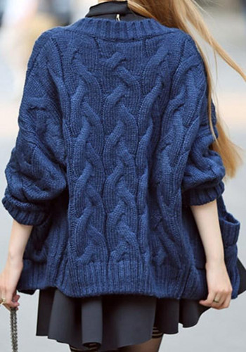 Dark Blue Pockets Buttons V-neck Long Sleeve Cardigan Sweater