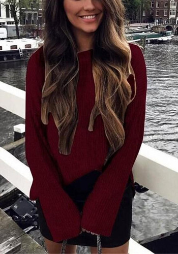 Red Plain Side Slit Long Sleeve Fashion Pullover Sweater