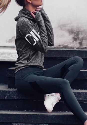 Dark Grey Letter Print Hooded Long Sleeve Casual Blouse