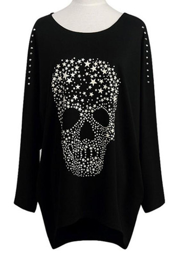 Black Skull Print Round Neck Long Sleeve Fashion T-Shirt Black Skull Print Round Neck Long Sleeve Fashion T-Shirt