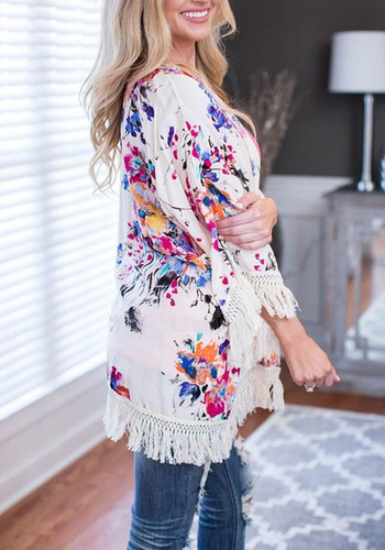 White Floral Tassel Fringe Cardigan Boho Beach Kimono Cover Up Casual Cardigan Coat