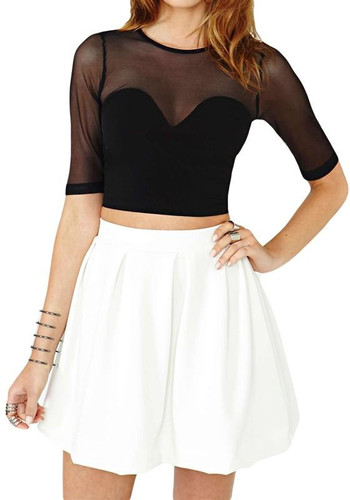 Black Patchwork Grenadine Elbow Sleeve Slim Blouse