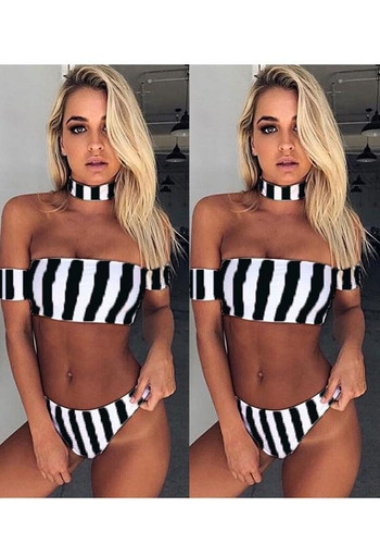 Black Striped 2-in-1 Crop Bandeau Slim Swimwear
