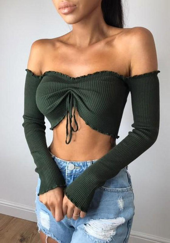 Green Drawstring Crop Boat Neck Long Sleeve Fashion Blouse Green Drawstring Crop Boat Neck Long Sleeve Fashion Blouse