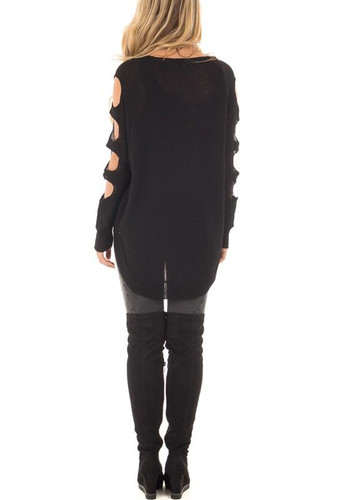 Black Cut Out Round Neck Long Sleeve Casual Pullover Sweater