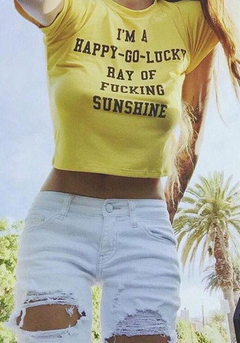 Yellow Monogram Print Cap Sleeve Casual Cotton Crop Graphic Slogan T-Shirt
