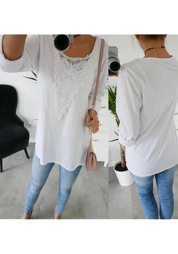 White Patchwork Lace Round Neck Long Sleeve Blouse