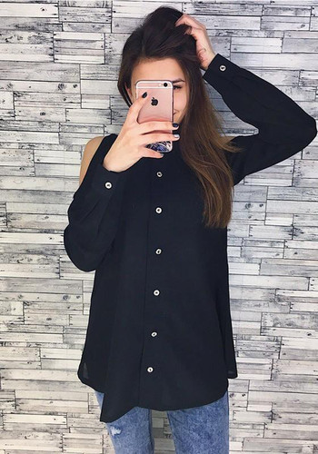 Black Plain Single Breasted Cut Out Turndown Collar Blouse