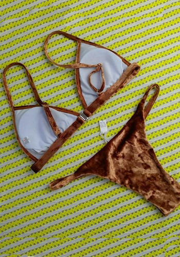 Coffee Studded Condole Belt 2-in-1 V-neck Fashion Swimwear
