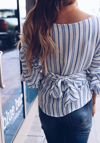 Blue Striped Tie Back Ruffle V-neck Fashion Blouse