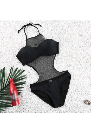 Black Patchwork Grenadine Tie Back Round Neck Slim Swimwear