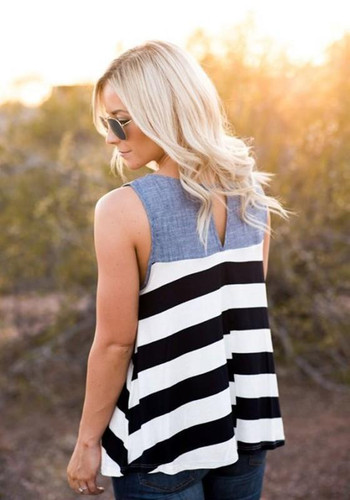 Blue Striped Cut Out Round Neck Fashion Vest