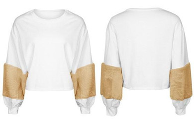 Khaki Patchwork Fur Sleeve Midriff Round Neck Sweet Pullover Sweatshirt