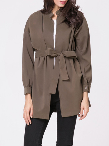 Casual Band Collar Plain Removable Tie Trench Coat