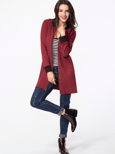 Casual Band Collar Contrast Trim Zips Coat