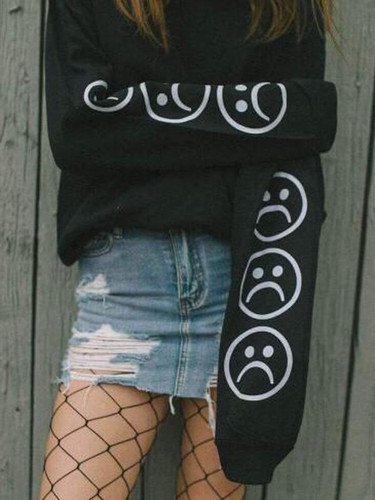 New Black Flowers Print Round Neck Long Sleeve Fashion Sweatshirt