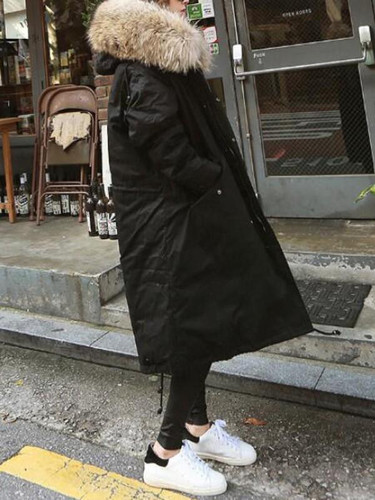 New Black Patchwork Fur Pockets Single Breasted Drawstring Hooded Long Sleeve Casual Coat