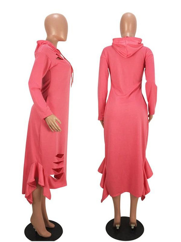 New Pink Cut Out Ruffle Drawstring Hooded Long Sleeve Casual Maxi Dress