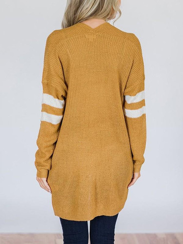 New Yellow Striped Pockets Long Sleeve Going out Casual Cardigan Sweater
