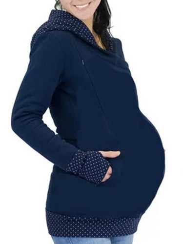 New Blue Polka Dot Cut Out Pockets Zipper Hooded Casual Maternity Sweatshirt